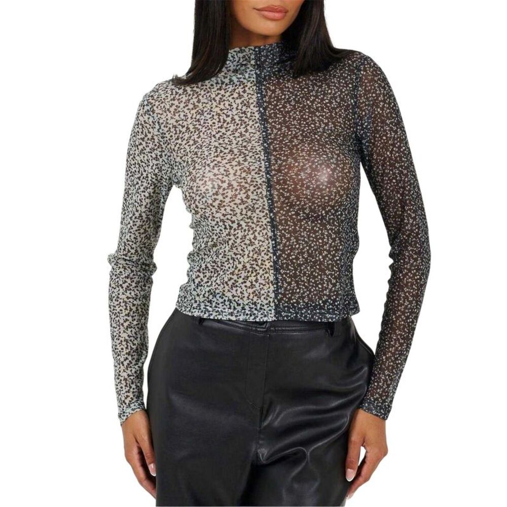 Brave Soul Womens/Ladies Illusion Mesh Mock Neck Top / Black/Cream